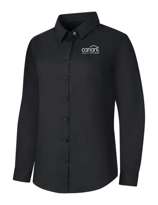 Womens Black Long Sleeve Carefree Poplin Shirt w/Cariant Logo