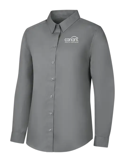 Womens Medium Grey Long Sleeve Carefree Poplin Shirt w/Cariant Logo
