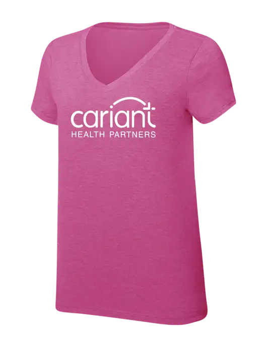 Womens Simply Soft V-Neck Fuschia Frost 4.5oz  Poly/Combed Ring Spun Cotton T-Shirt w/Cariant Logo