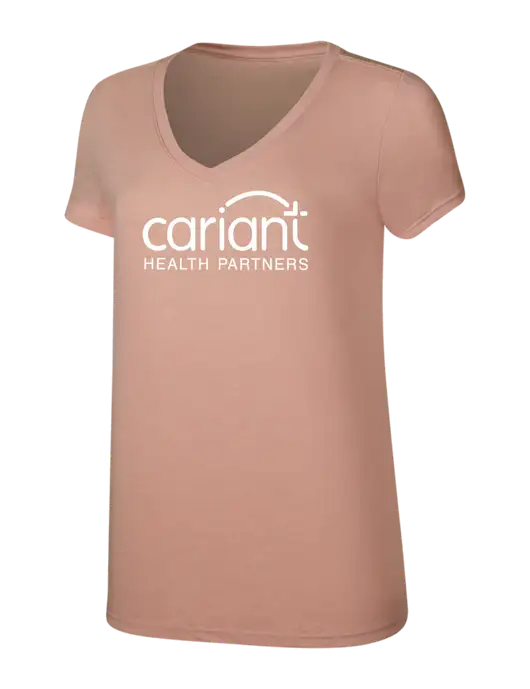Womens Simply Soft V-Neck Heather Dusty Peach 4.5oz  Poly/Combed Ring Spun Cotton T-Shirt w/Cariant Logo