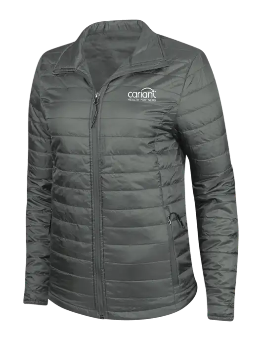 Dark Grey Womens Puffy Packable Jacket w/Cariant Logo