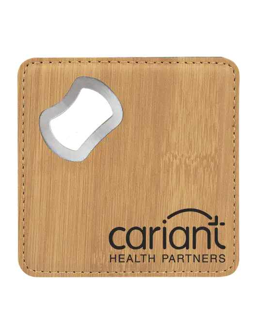 Bamboo Leatherette Coaster with Bottle Opener w/Cariant Logo