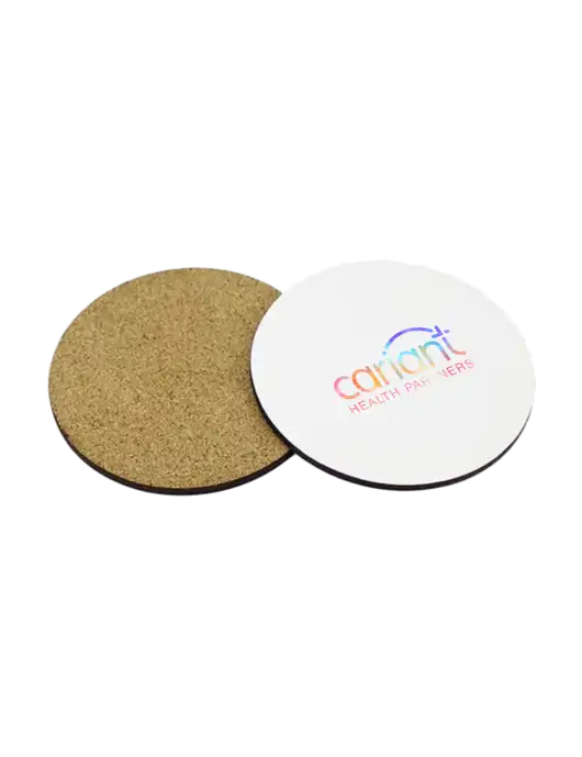 Gloss White Hardboard Round Coaster w/Cork Back, 3.75 w/Cariant Tie Dye Logo