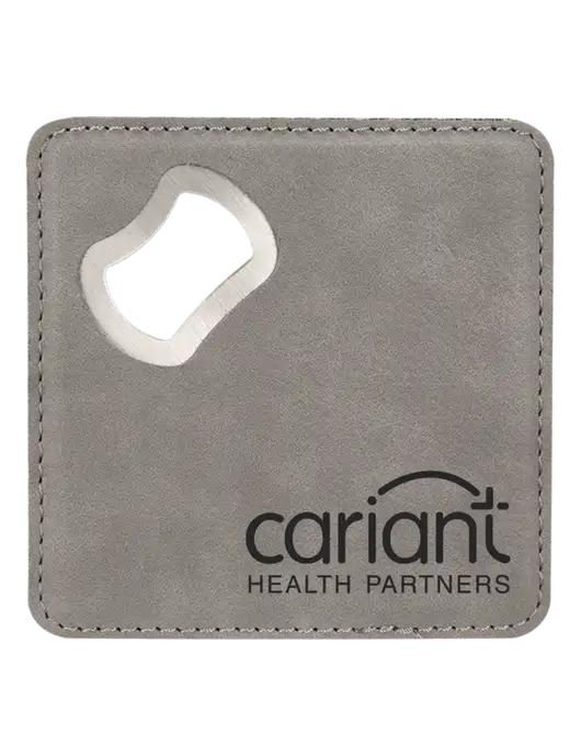 Grey Leatherette Coaster with Bottle Opener w/Cariant Logo