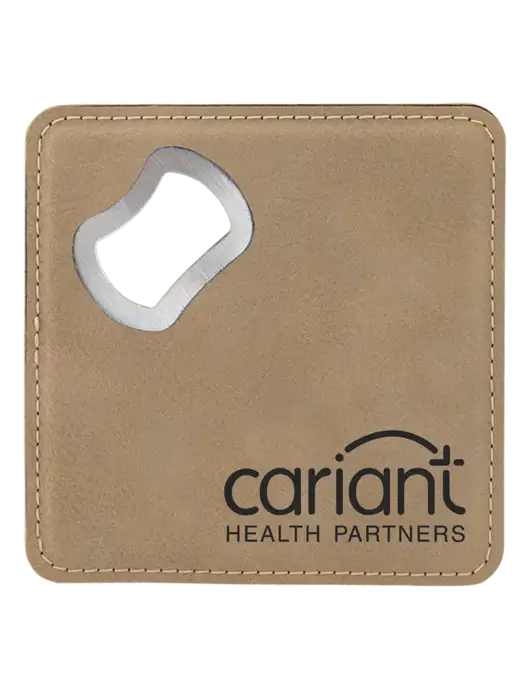 Tan Leatherette Bottle Opener Coaster w/Cariant Logo