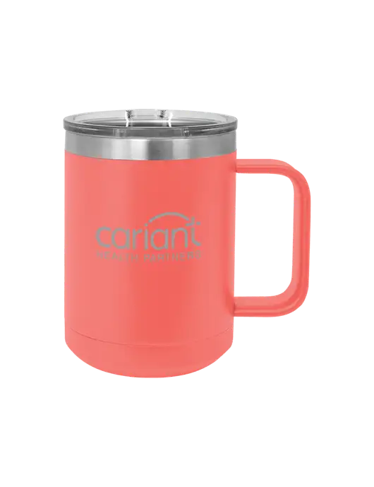 Polar Camel 15 oz Powder Coated Coral Vacuum Insulated Mug with Slider Lid w/Cariant Logo