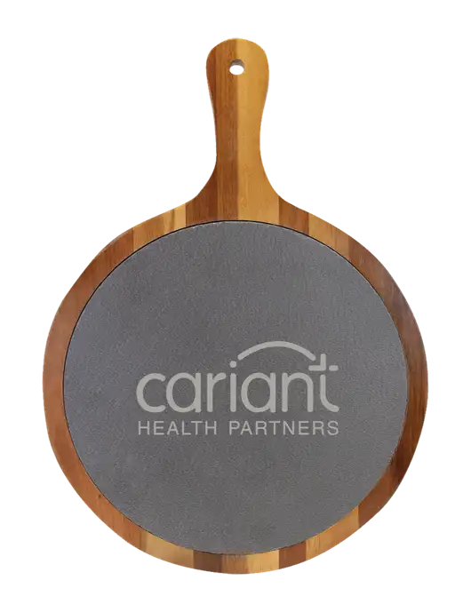 Acacia Wood & Slate Round Cutting Board & Handle 10.5 x 14.5 w/Cariant Logo