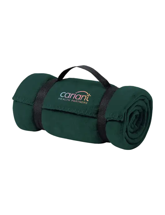 Casual Dark Green Fleece Blanket With Strap w/Cariant Logo