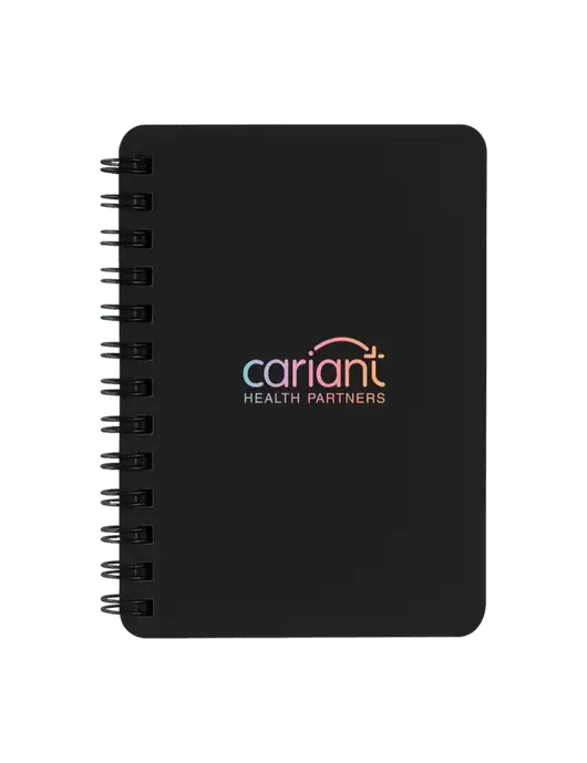 Sturdy Black Hardcover Notebook, 5.25 x 7 w/Cariant Logo