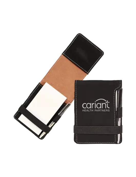 Black Leatherette Mini Notepad with Pen,  3.25 x 4.75 w/Cariant Logo