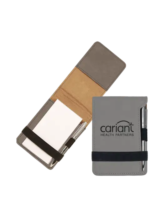Grey Leatherette Mini Notepad with Pen,  3.25 x 4.75 w/Cariant Logo