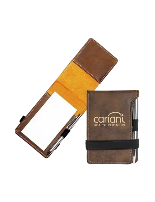 Rustic Leatherette Mini Notepad w/Pen, 3.25 x 4.75 w/Cariant Logo
