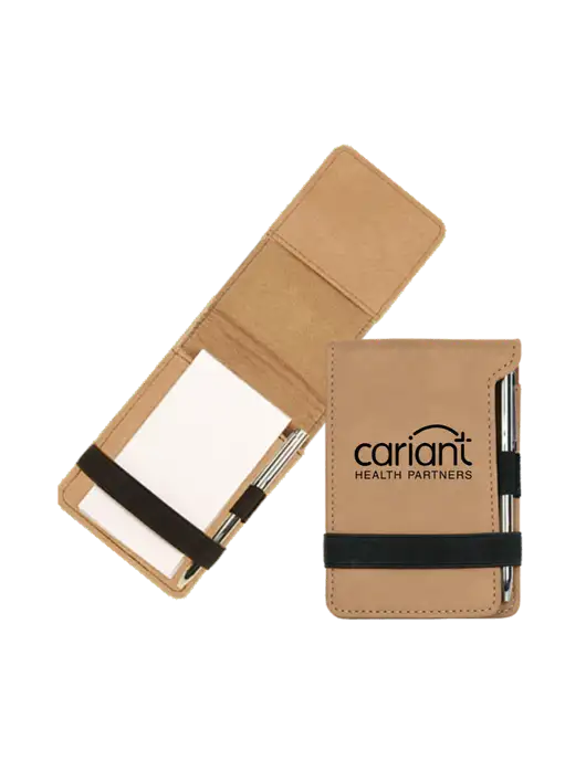 Tan Leatherette Mini Notepad with Pen,  3.25 x 4.75 w/Cariant Logo