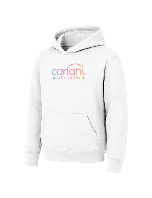 Youth White 7.8 oz Pullover Hooded Sweatshirt w/Cariant Logo