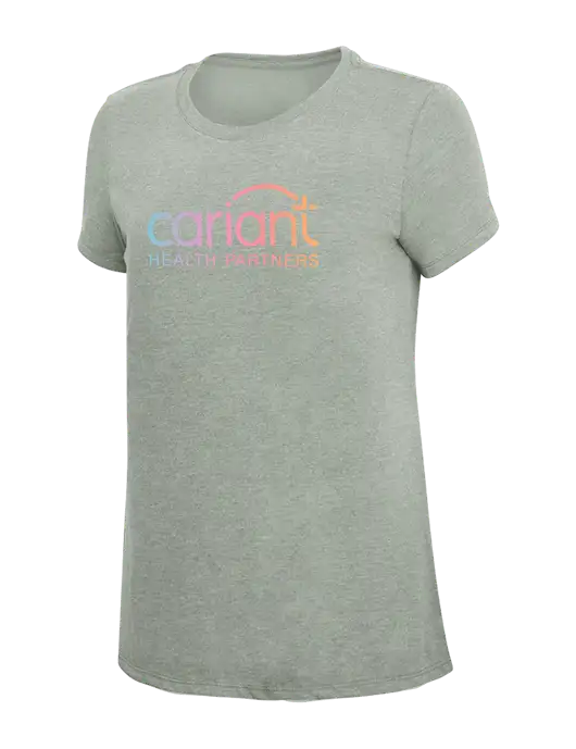 Womens Simply Soft Heathered Light Grey 4.5oz Poly/Combed Ring Spun Cotton T-Shirt w/Cariant Logo