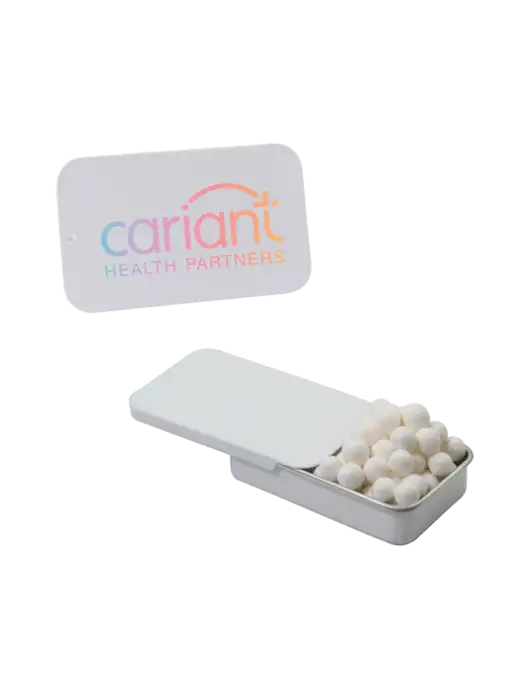 Signature Peppermints In White Slider Tin w/Cariant Logo