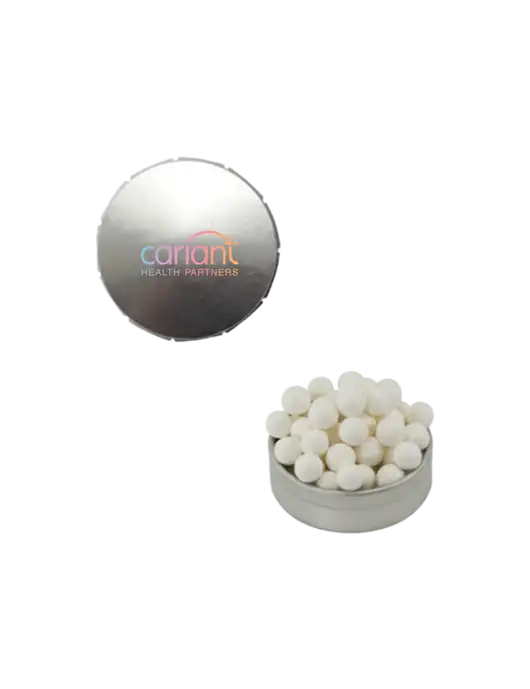 Signature Peppermints In Silver Snap Top Tin  w/Cariant Logo