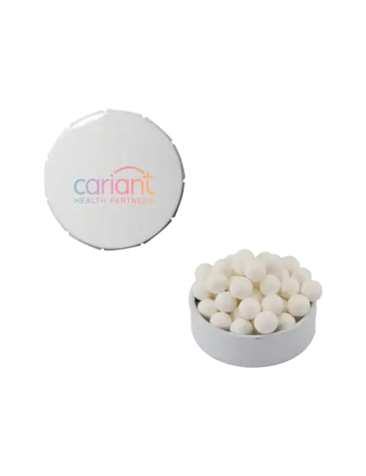Signature Peppermints In White Snap Top Tin  w/Cariant Logo