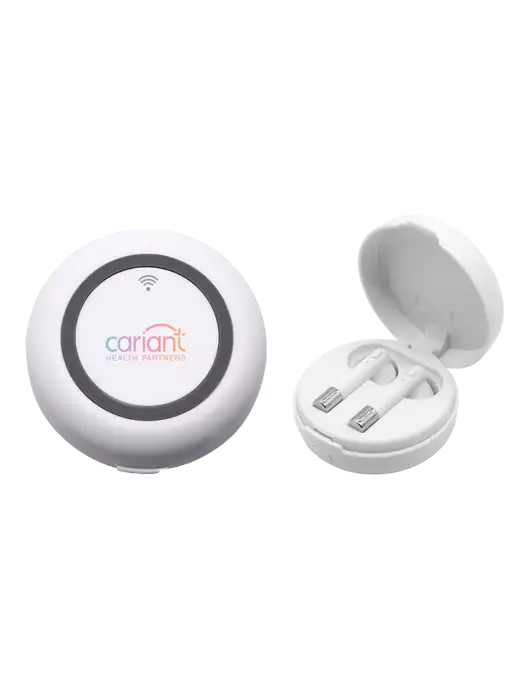 Harmony White Wireless Earbuds and Charging Pad w/Cariant Logo